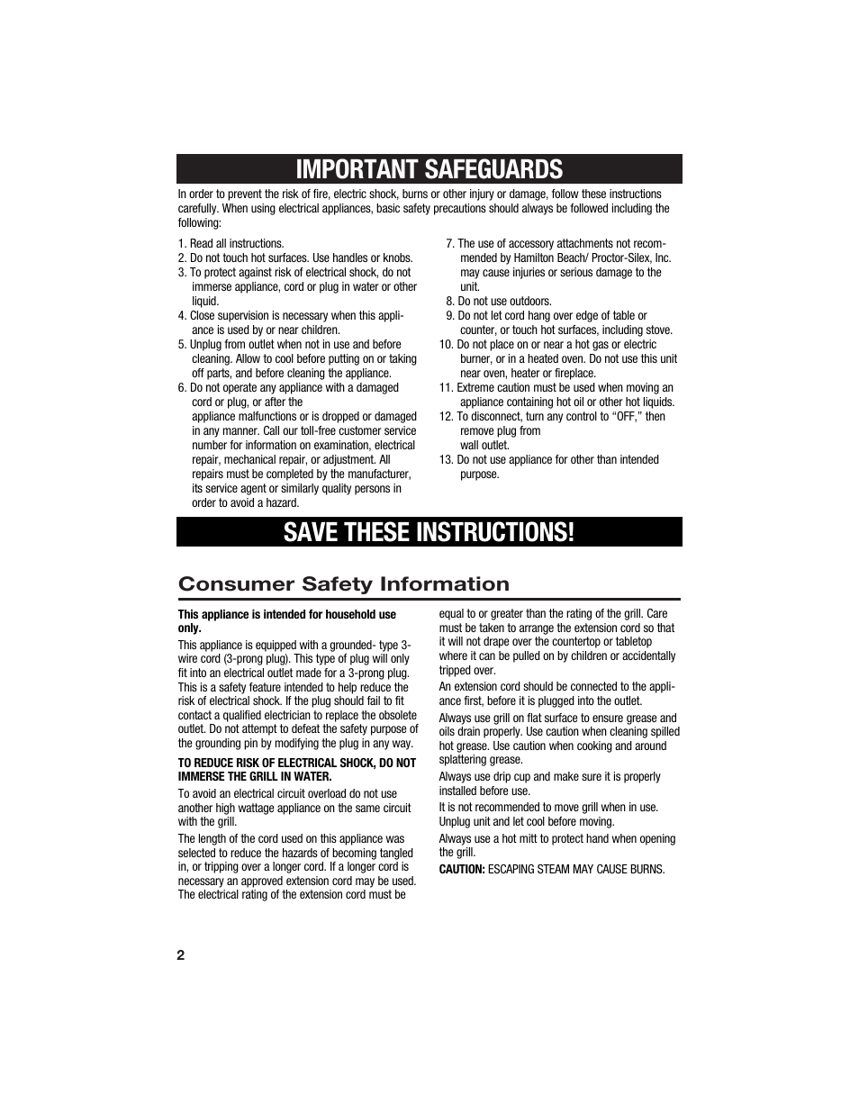 Important safeguards save these instructions, Consumer safety information | Hamilton Beach Contact Grill User Manual | Page 2 / 9