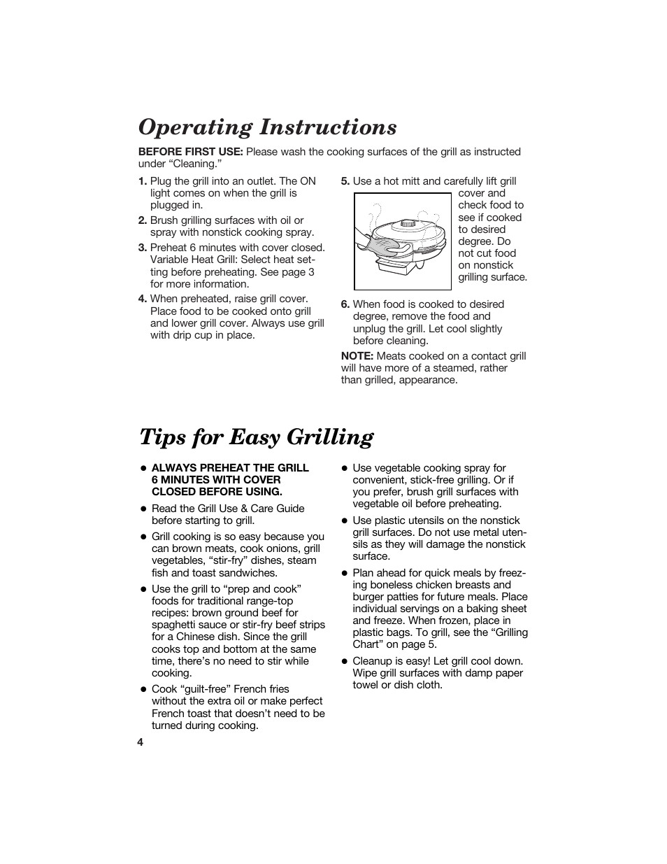 Operating instructions, Tips for easy grilling | Hamilton Beach Contact Grill User Manual | Page 4 / 9