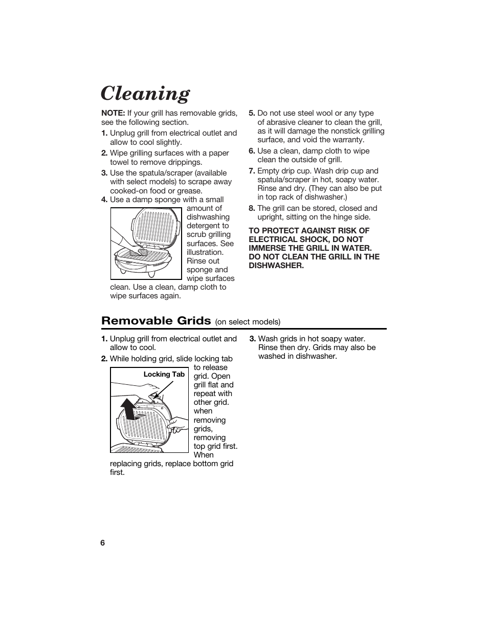 Cleaning, Removable grids | Hamilton Beach Contact Grill User Manual | Page 6 / 9