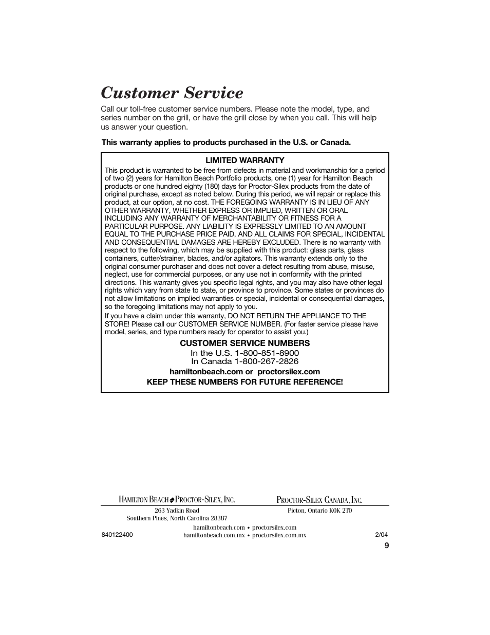 Customer service | Hamilton Beach Contact Grill User Manual | Page 9 / 9