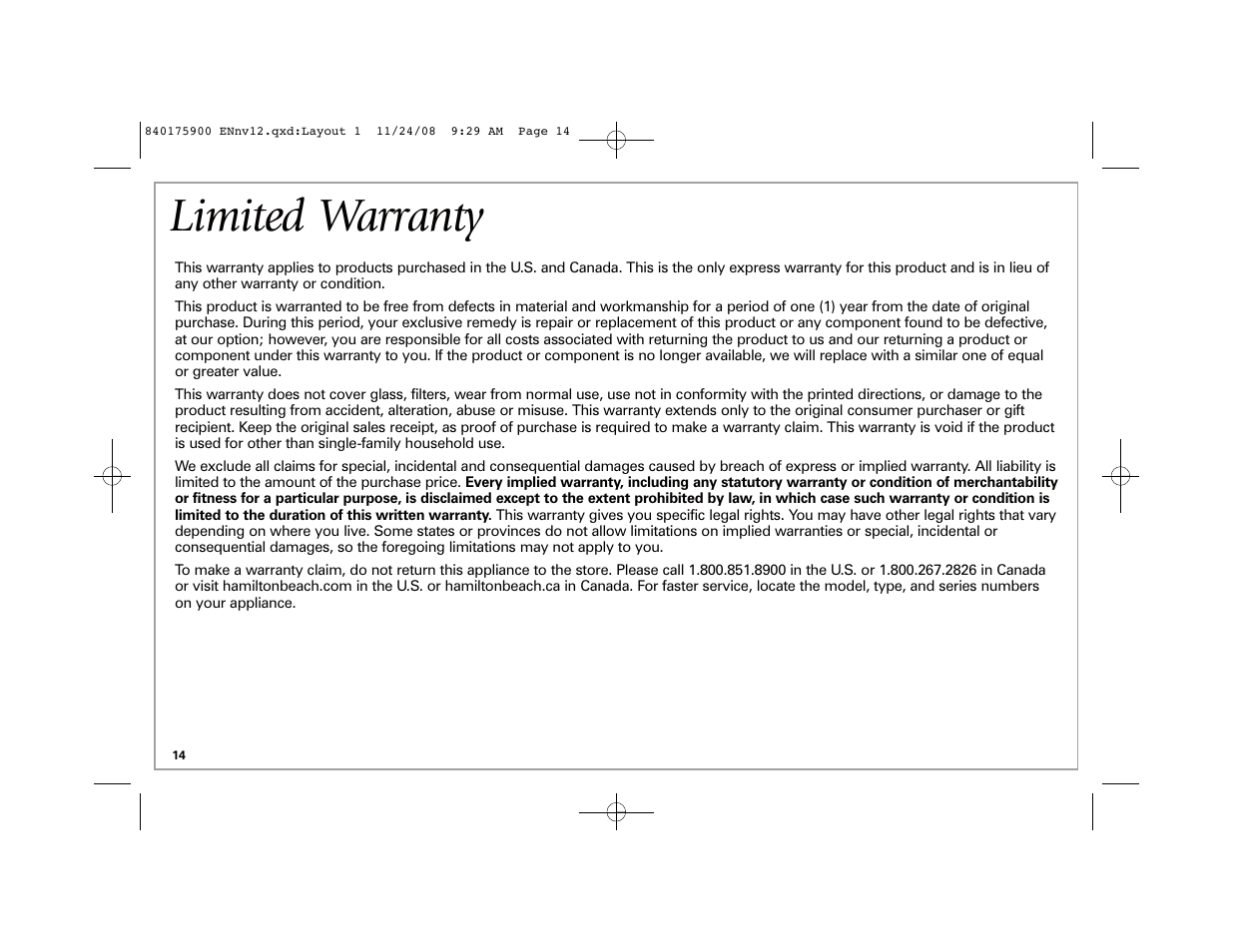 Limited warranty | Hamilton Beach SC33 User Manual | Page 14 / 44