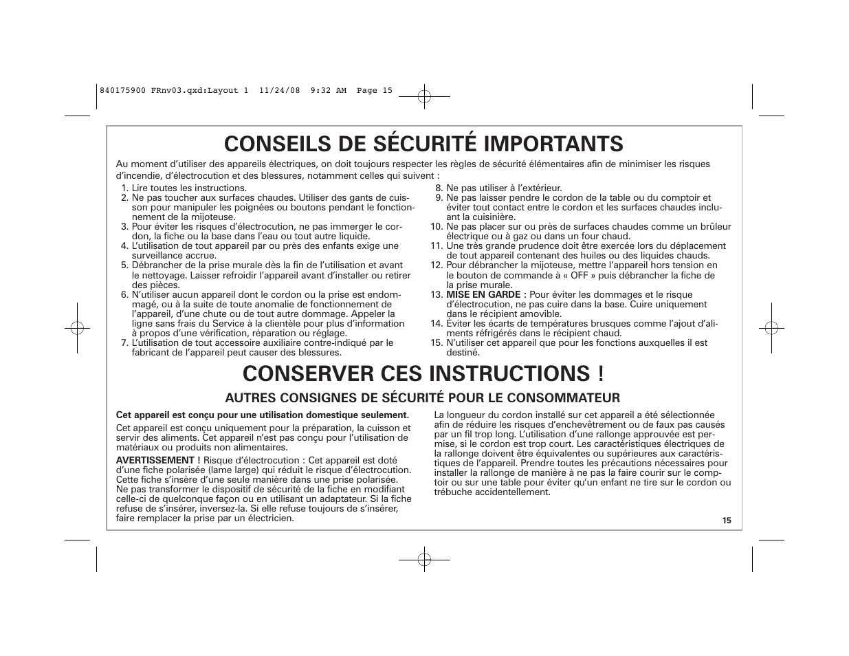 Conseils de sécurité importants, Conserver ces instructions | Hamilton Beach SC33 User Manual | Page 15 / 44