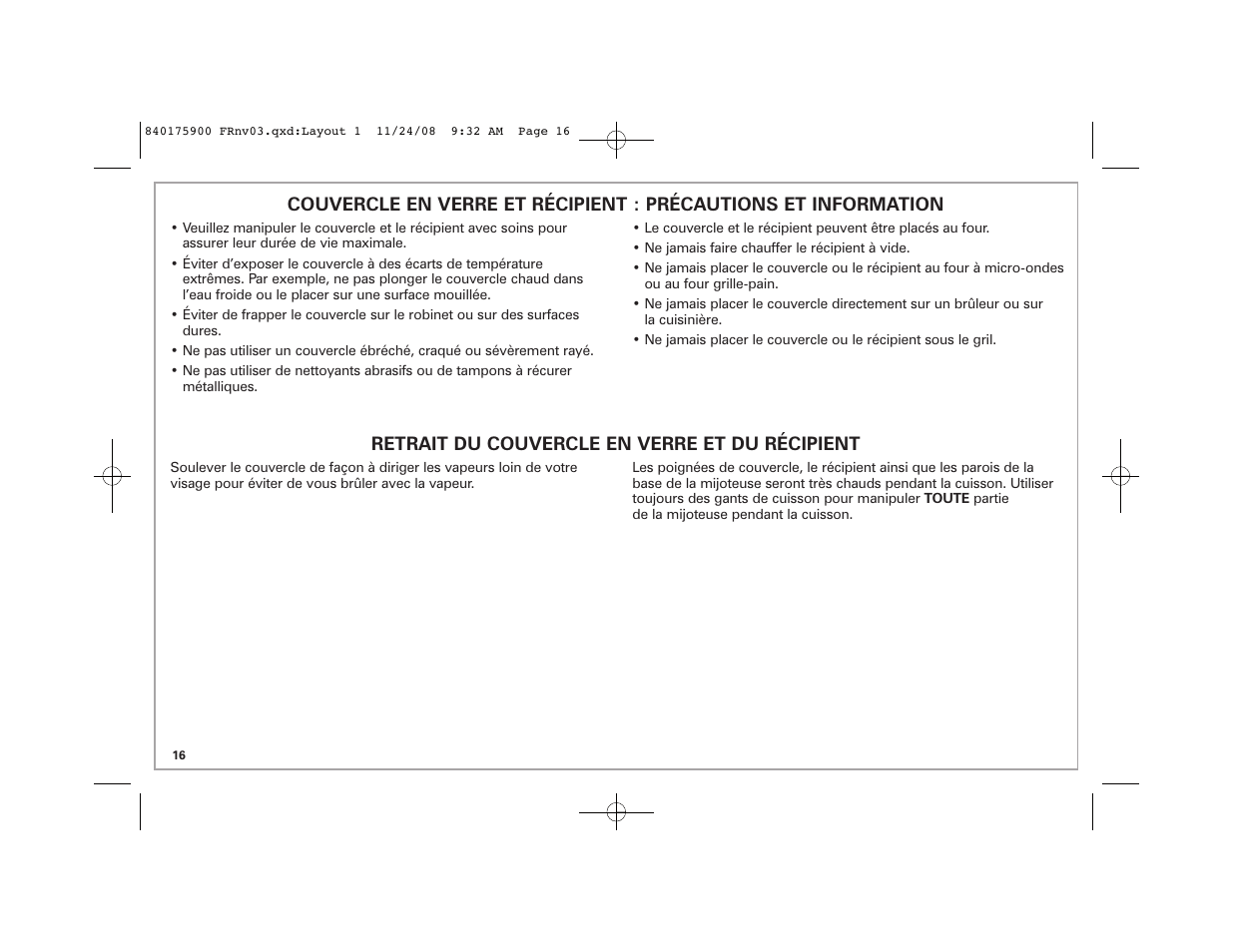 Retrait du couvercle en verre et du récipient | Hamilton Beach SC33 User Manual | Page 16 / 44