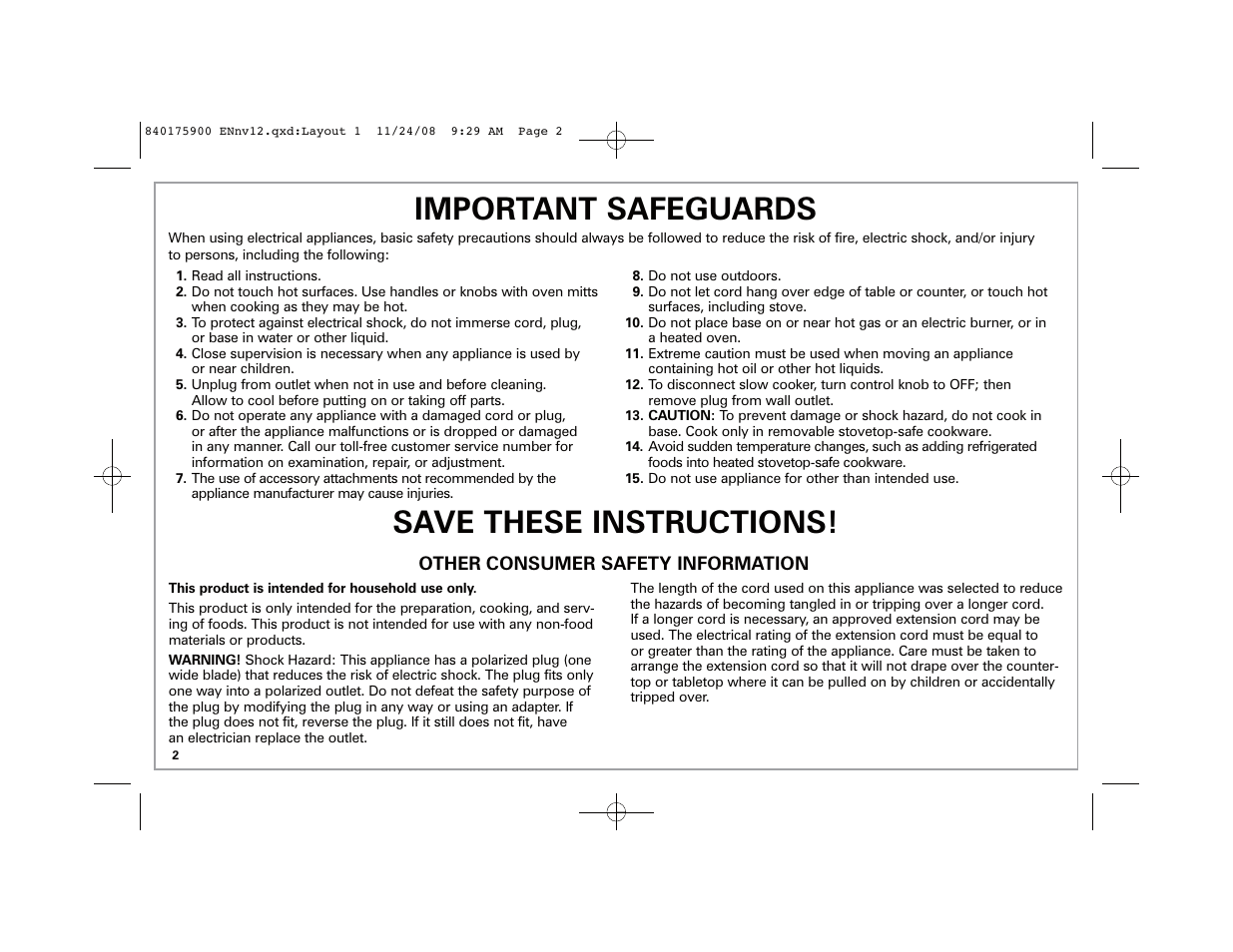 Important safeguards, Save these instructions | Hamilton Beach SC33 User Manual | Page 2 / 44