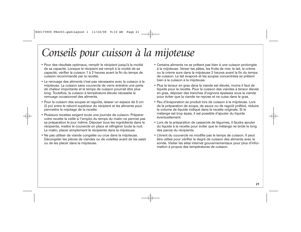 Conseils pour cuisson à la mijoteuse | Hamilton Beach SC33 User Manual | Page 21 / 44