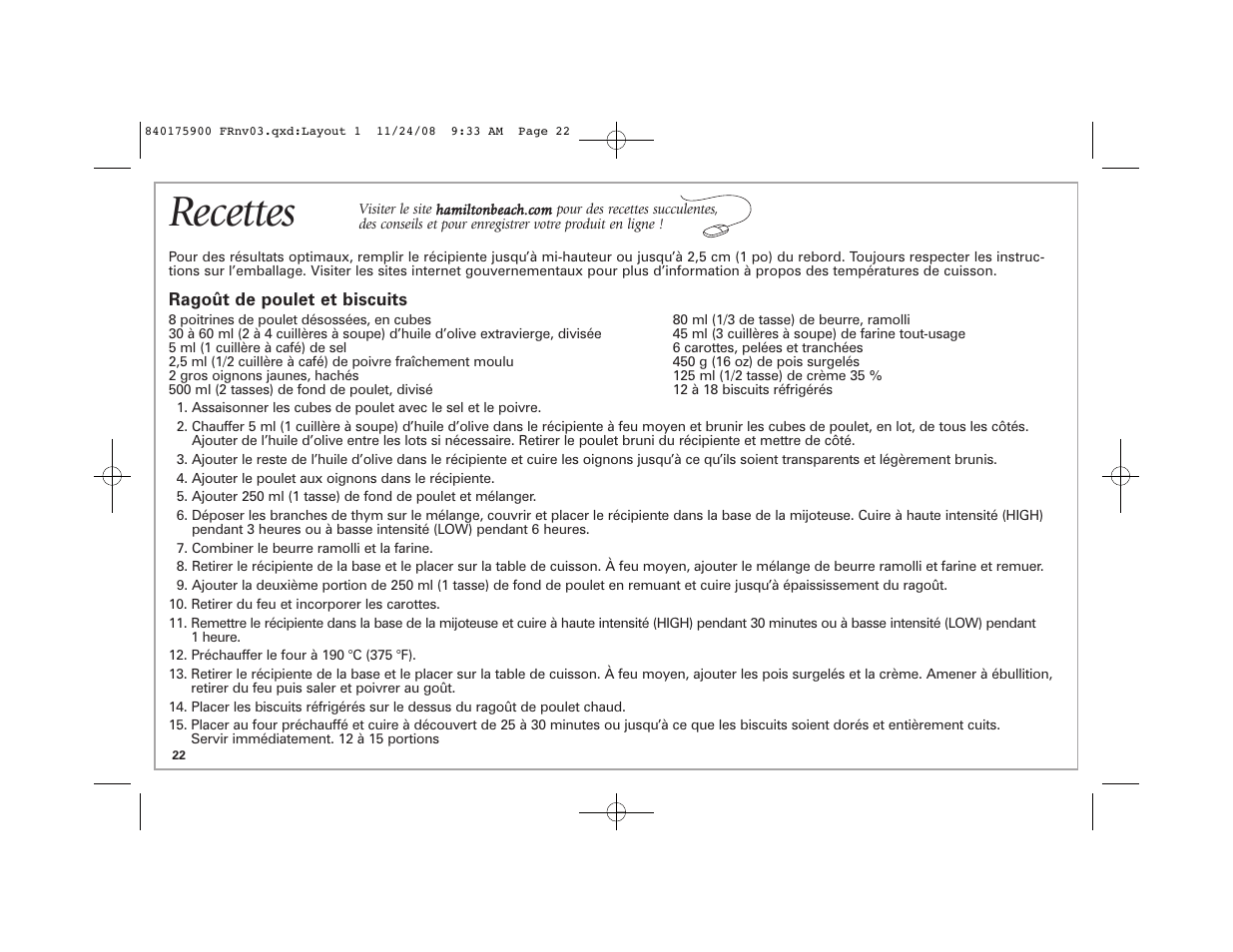 Recettes | Hamilton Beach SC33 User Manual | Page 22 / 44