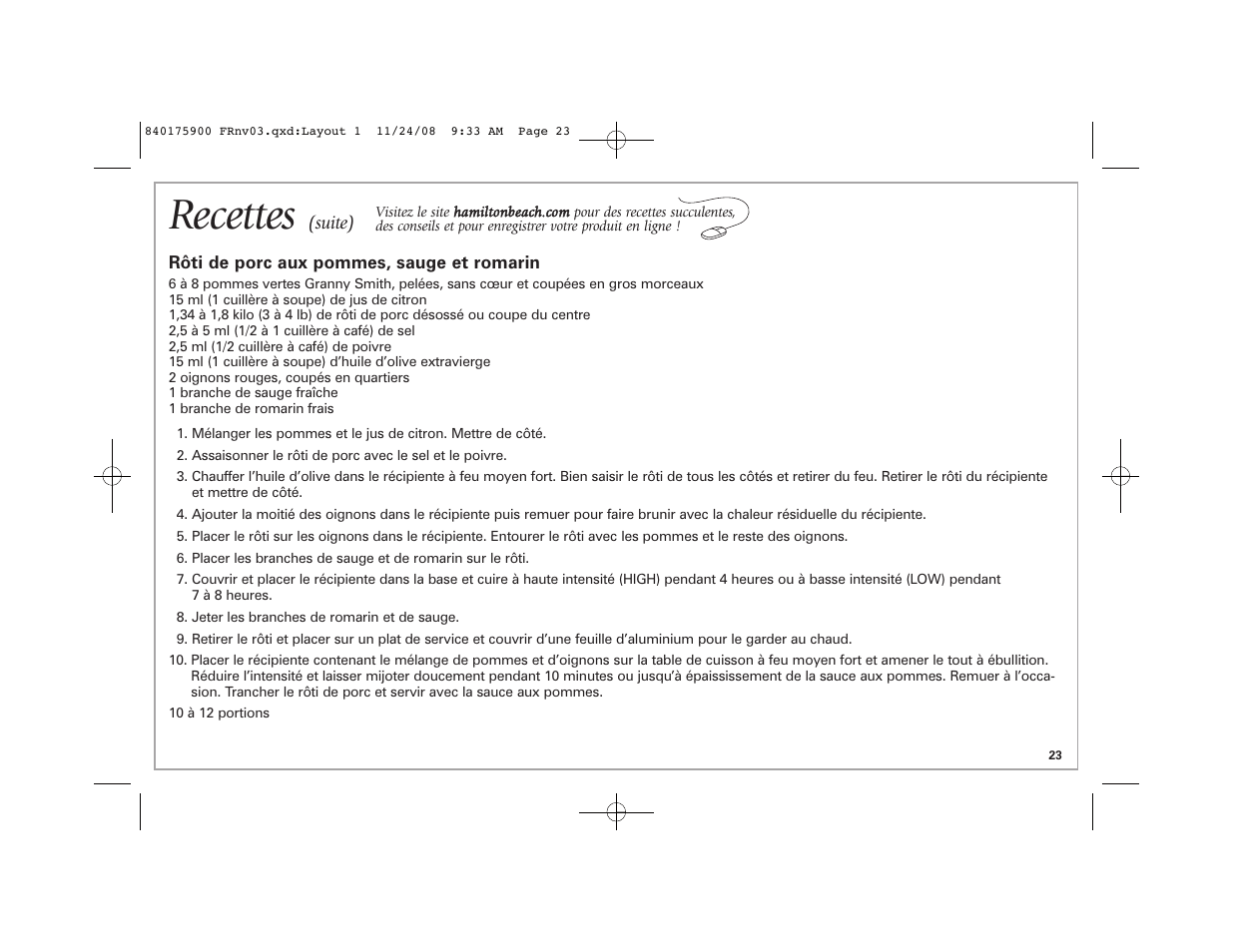 Recettes | Hamilton Beach SC33 User Manual | Page 23 / 44