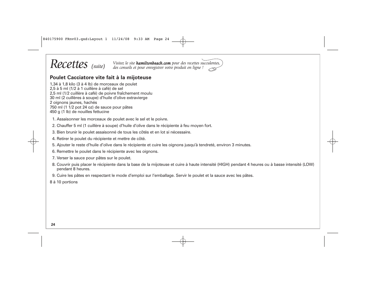 Recettes | Hamilton Beach SC33 User Manual | Page 24 / 44