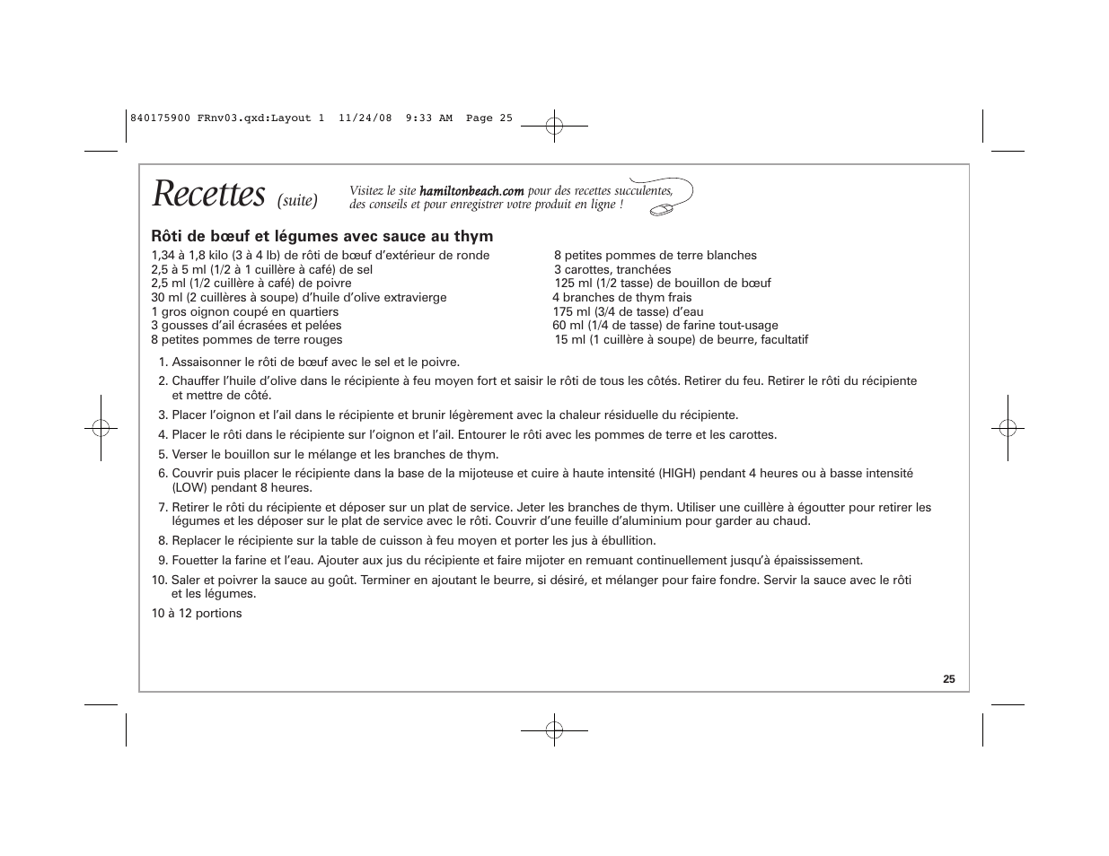 Recettes | Hamilton Beach SC33 User Manual | Page 25 / 44