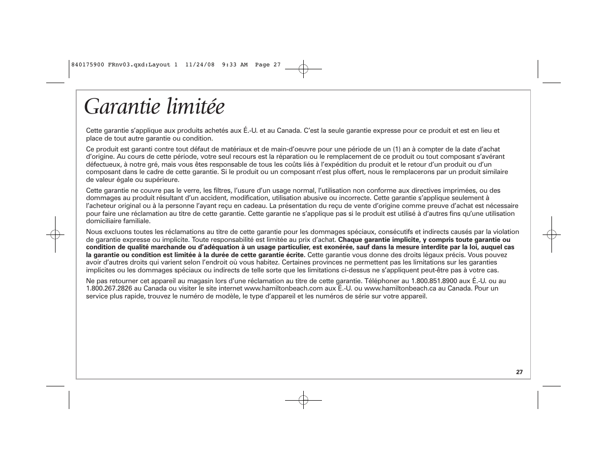 Garantie limitée | Hamilton Beach SC33 User Manual | Page 27 / 44