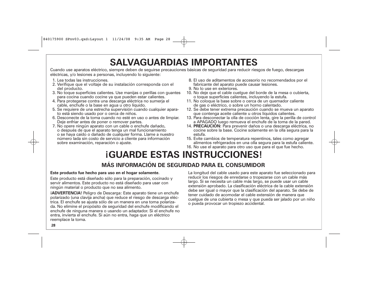 Salvaguardias importantes, Guarde estas instrucciones | Hamilton Beach SC33 User Manual | Page 28 / 44