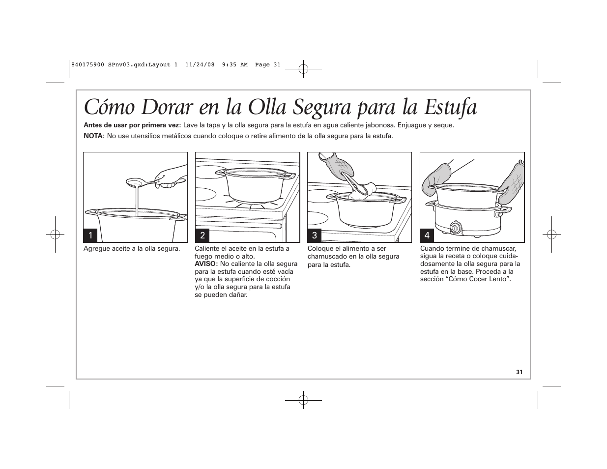 Cómo dorar en la olla segura para la estufa | Hamilton Beach SC33 User Manual | Page 31 / 44