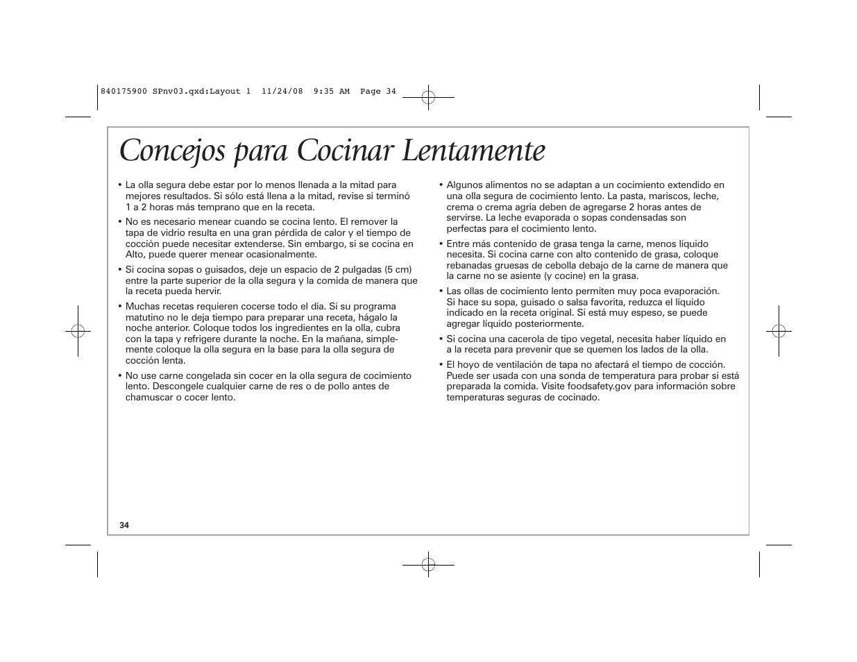 Concejos para cocinar lentamente | Hamilton Beach SC33 User Manual | Page 34 / 44