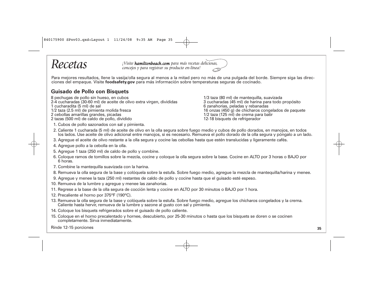 Recetas | Hamilton Beach SC33 User Manual | Page 35 / 44