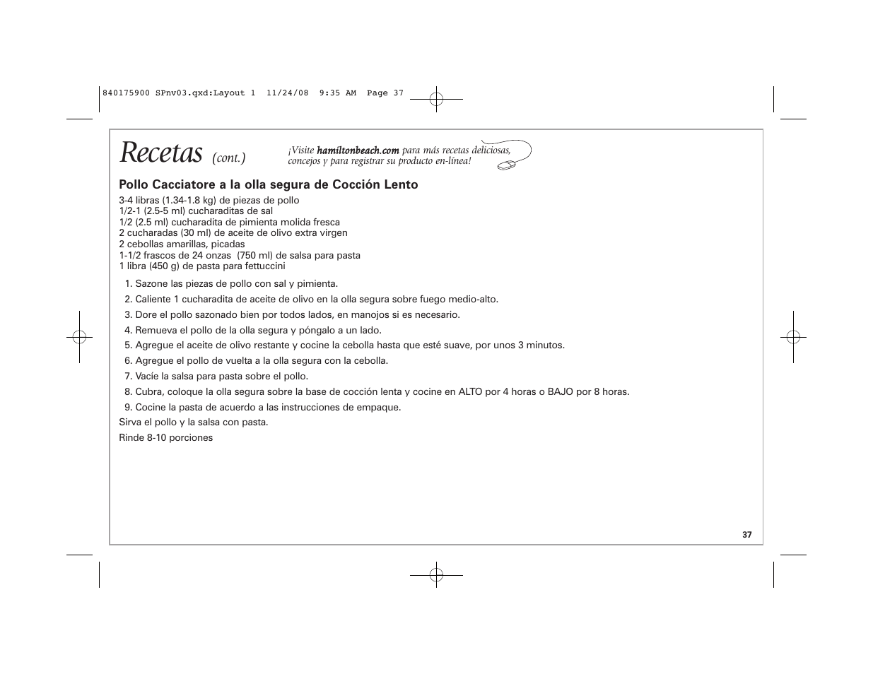 Recetas | Hamilton Beach SC33 User Manual | Page 37 / 44