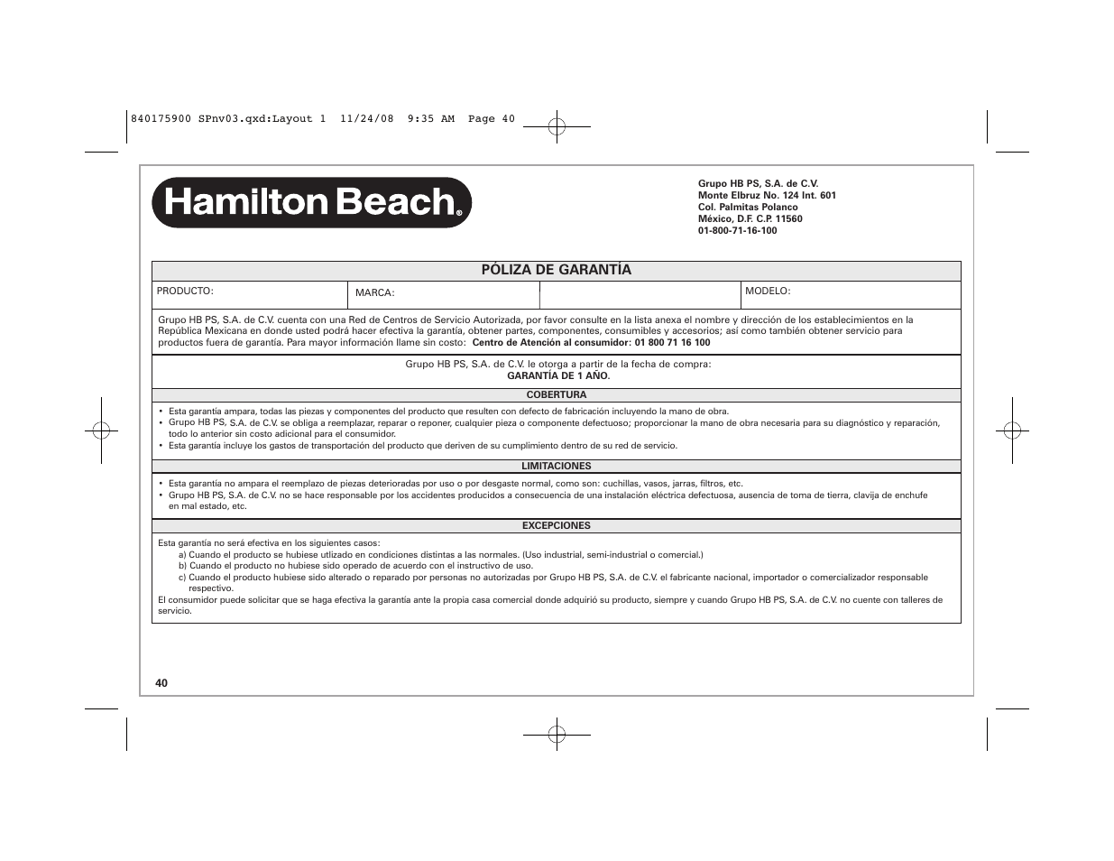 Póliza de garantía | Hamilton Beach SC33 User Manual | Page 40 / 44