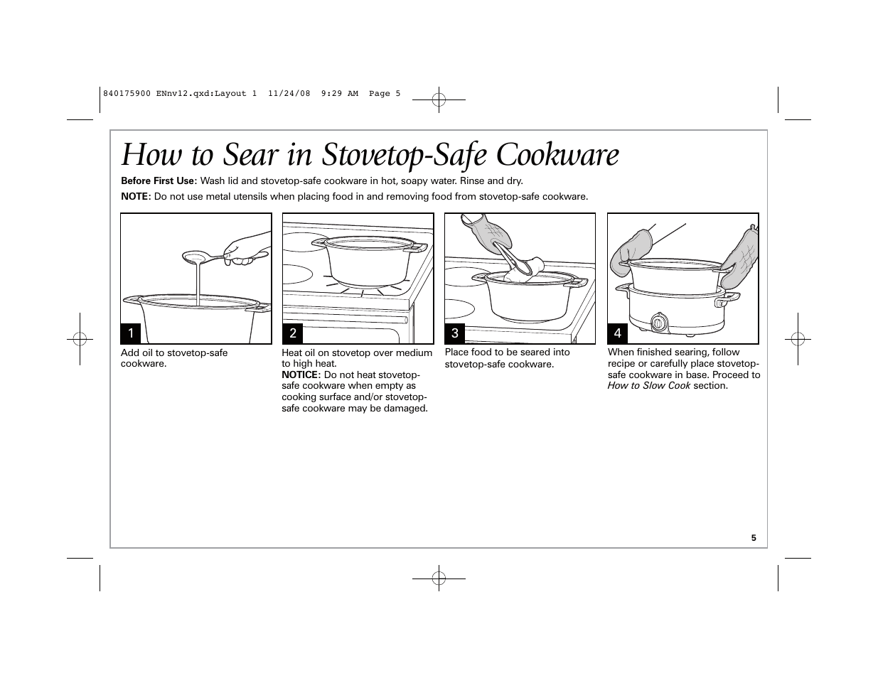 How to sear in stovetop-safe cookware | Hamilton Beach SC33 User Manual | Page 5 / 44