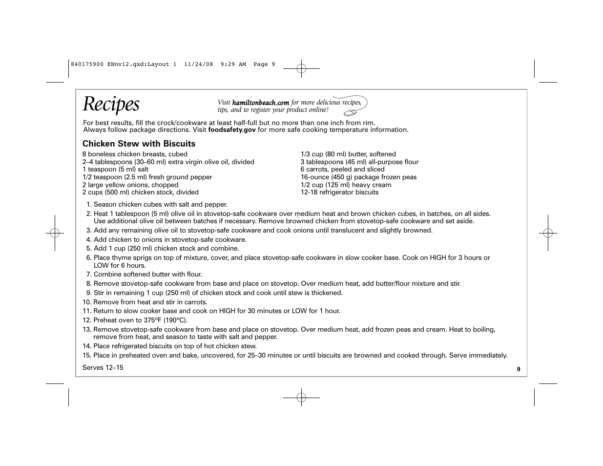 Recipes | Hamilton Beach SC33 User Manual | Page 9 / 44