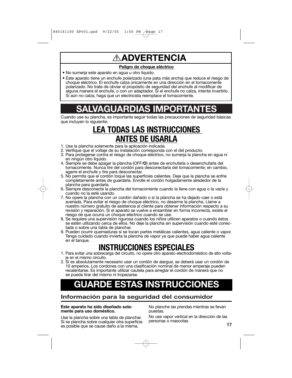 Advertencia, Lea todas las instrucciones antes de usarla, Instrucciones especiales | Hamilton Beach 14200 User Manual | Page 17 / 24