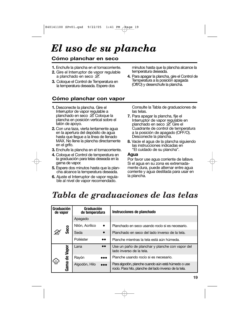 El uso de su plancha, Tabla de graduaciones de las telas | Hamilton Beach 14200 User Manual | Page 19 / 24