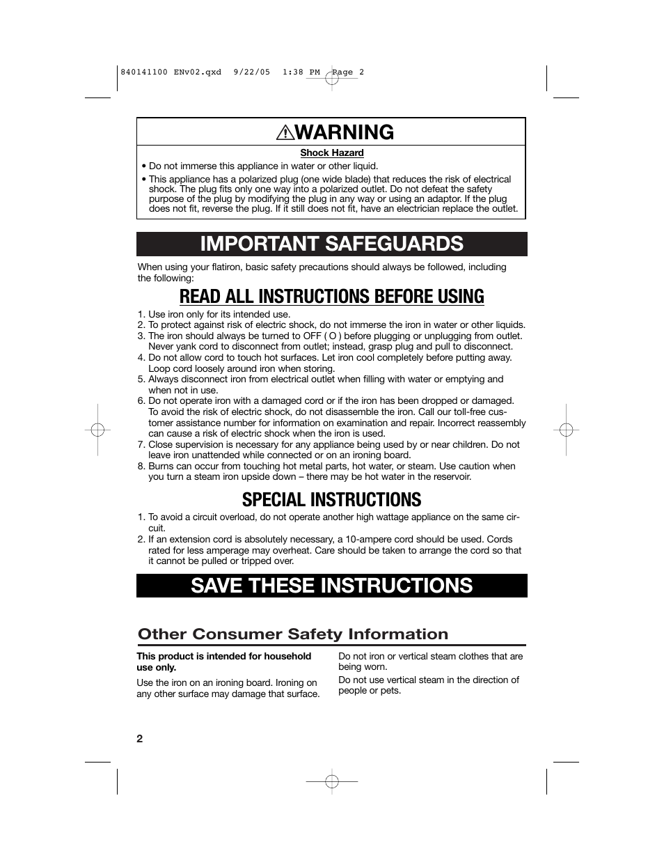 Important safeguards, Save these instructions, Warning | Read all instructions before using, Special instructions, Other consumer safety information | Hamilton Beach 14200 User Manual | Page 2 / 24