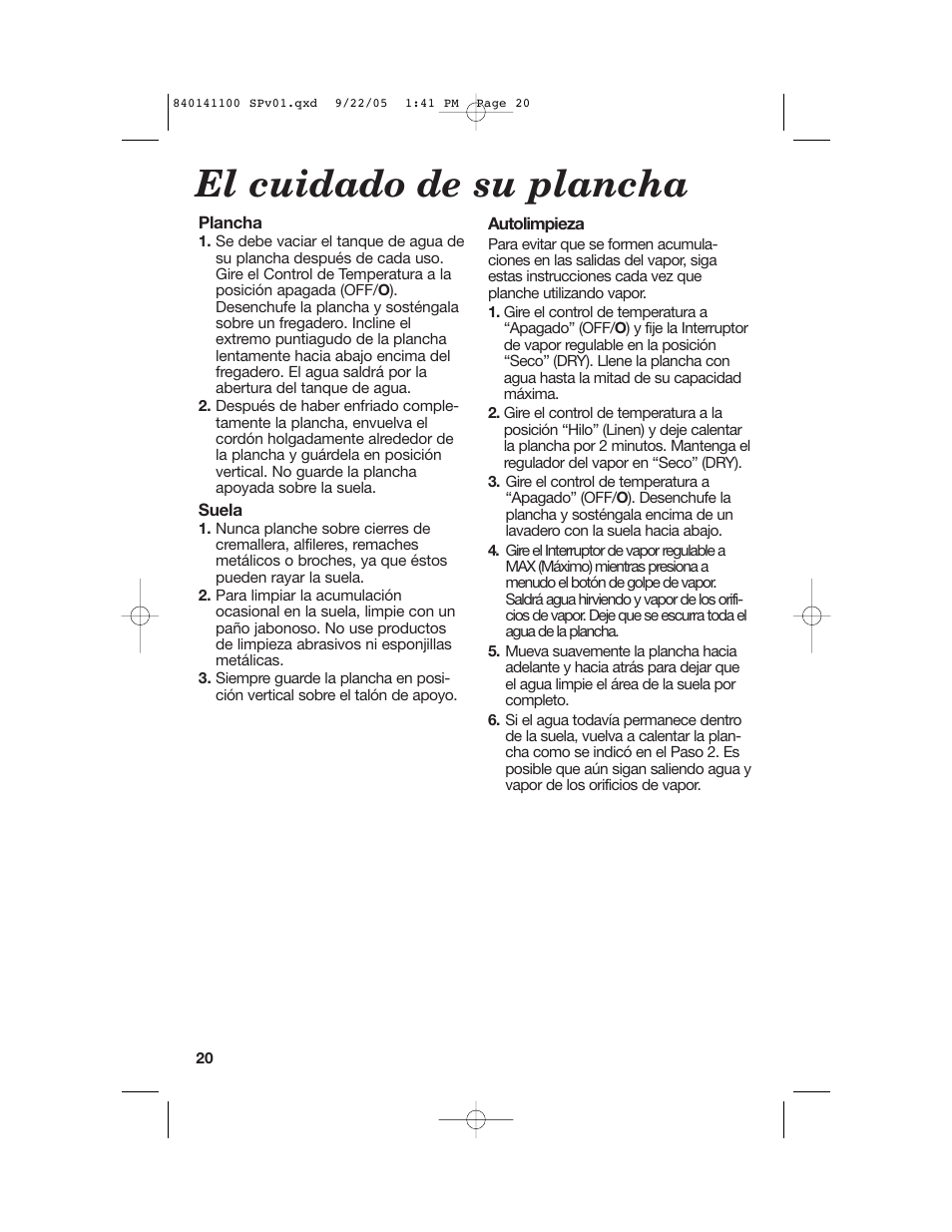 El cuidado de su plancha | Hamilton Beach 14200 User Manual | Page 20 / 24