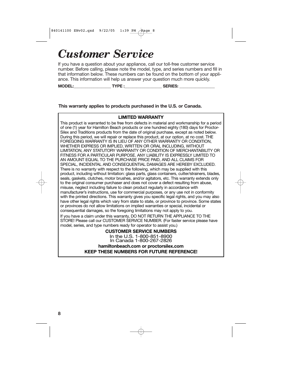 Customer service | Hamilton Beach 14200 User Manual | Page 8 / 24