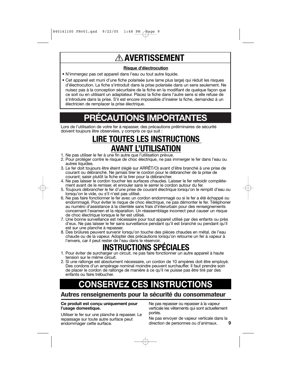 Conservez ces instructions, Avertissement, Précautions importantes | Lire toutes les instructions avant l’utilisation, Instructions spéciales | Hamilton Beach 14200 User Manual | Page 9 / 24