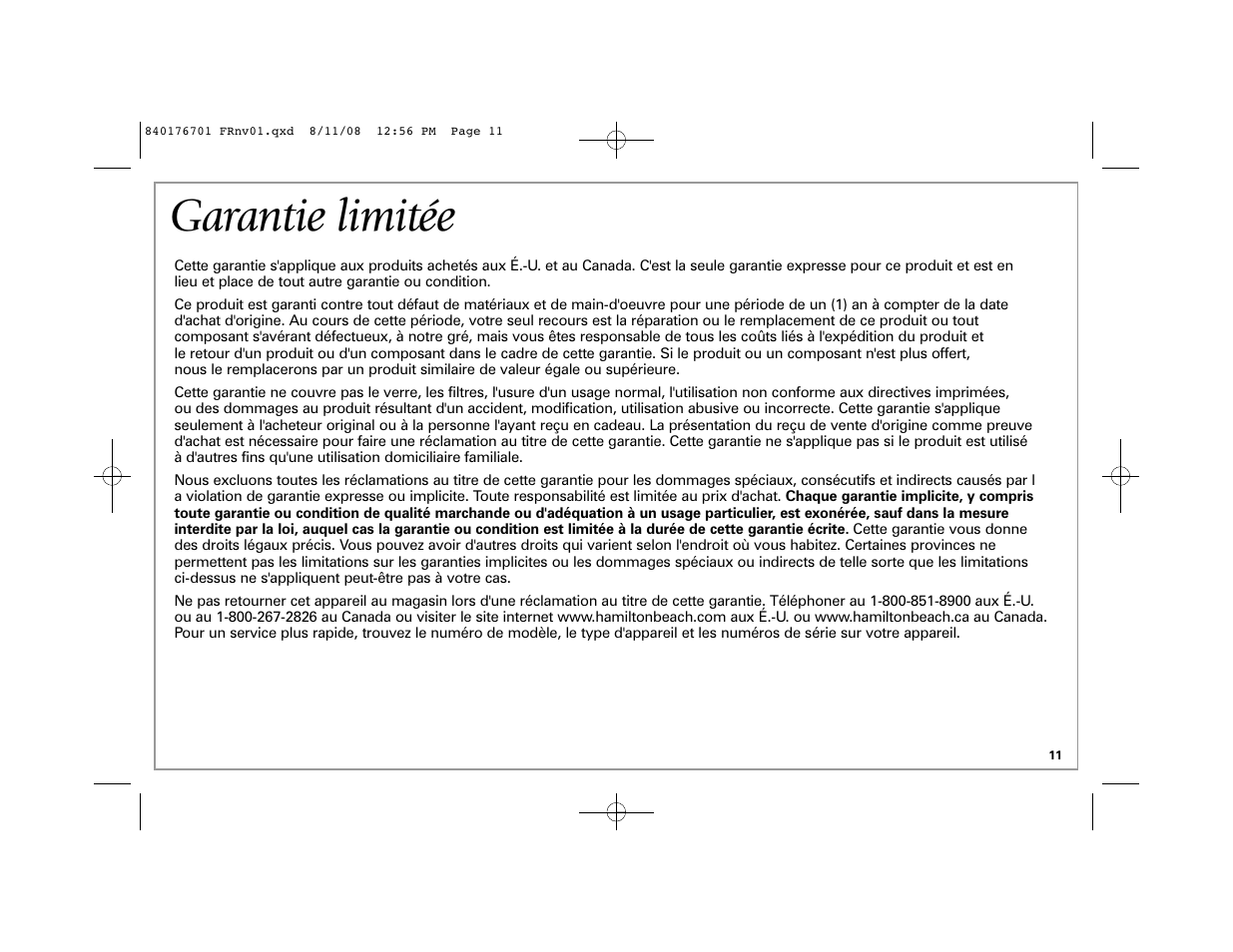 Garantie limitée | Hamilton Beach Fresh Essentials User Manual | Page 11 / 20