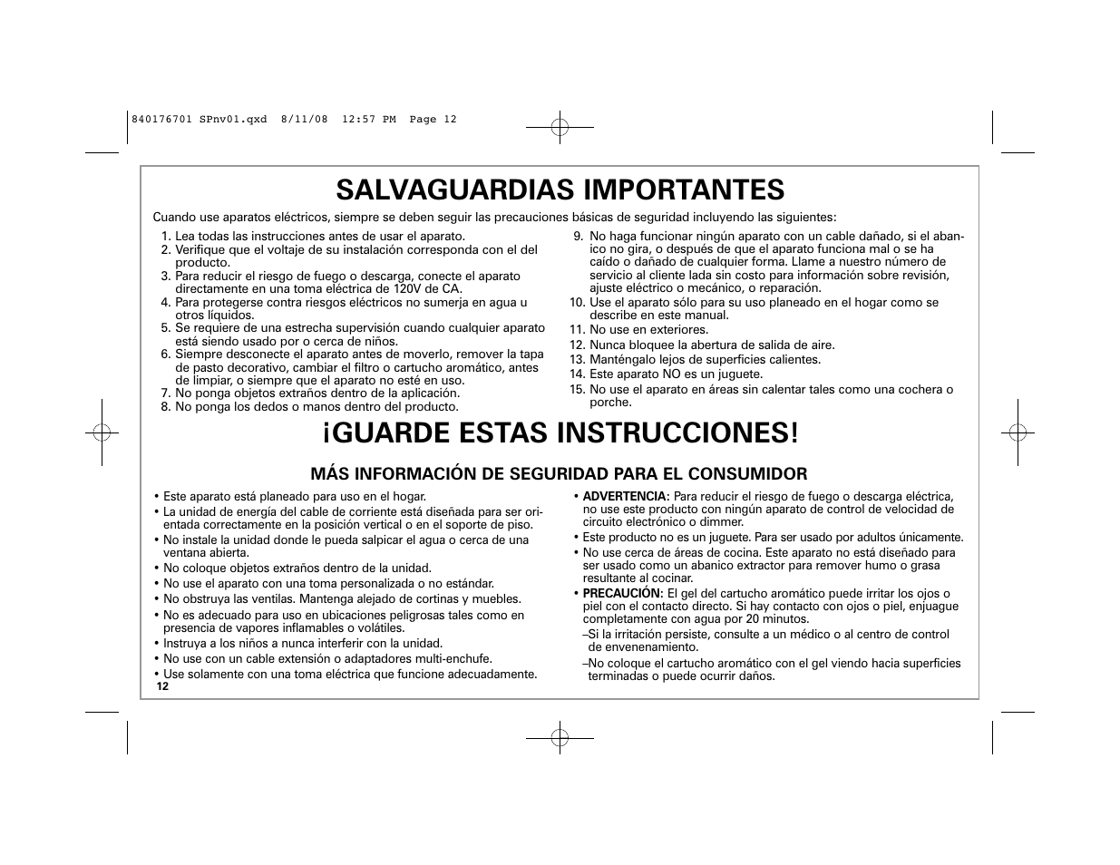 Salvaguardias importantes, Guarde estas instrucciones | Hamilton Beach Fresh Essentials User Manual | Page 12 / 20