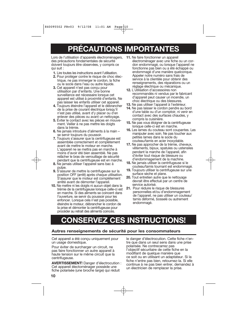 Précautions importantes conservez ces instructions | Hamilton Beach 67801 User Manual | Page 10 / 28