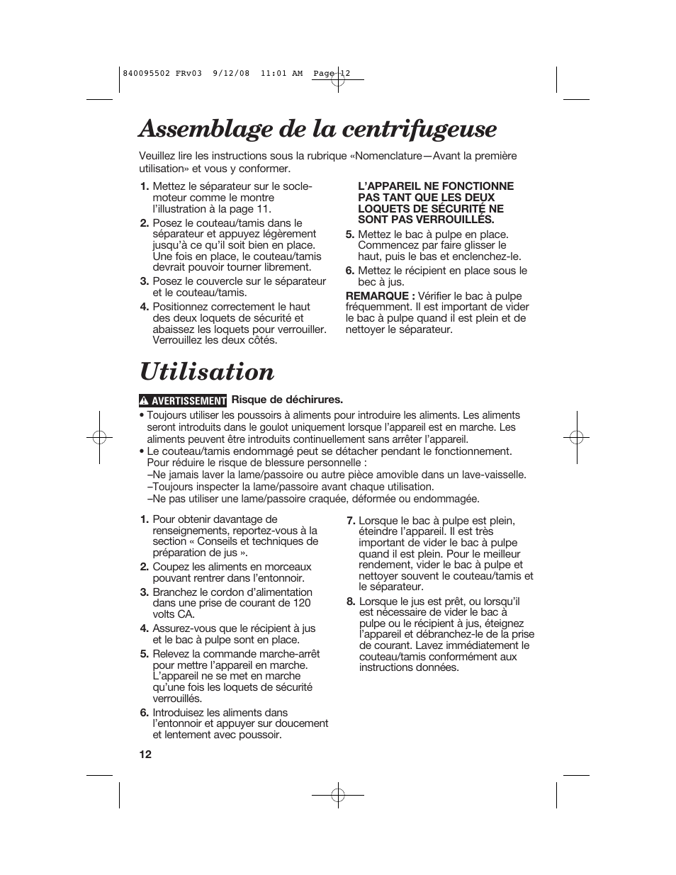 Assemblage de la centrifugeuse, Utilisation | Hamilton Beach 67801 User Manual | Page 12 / 28