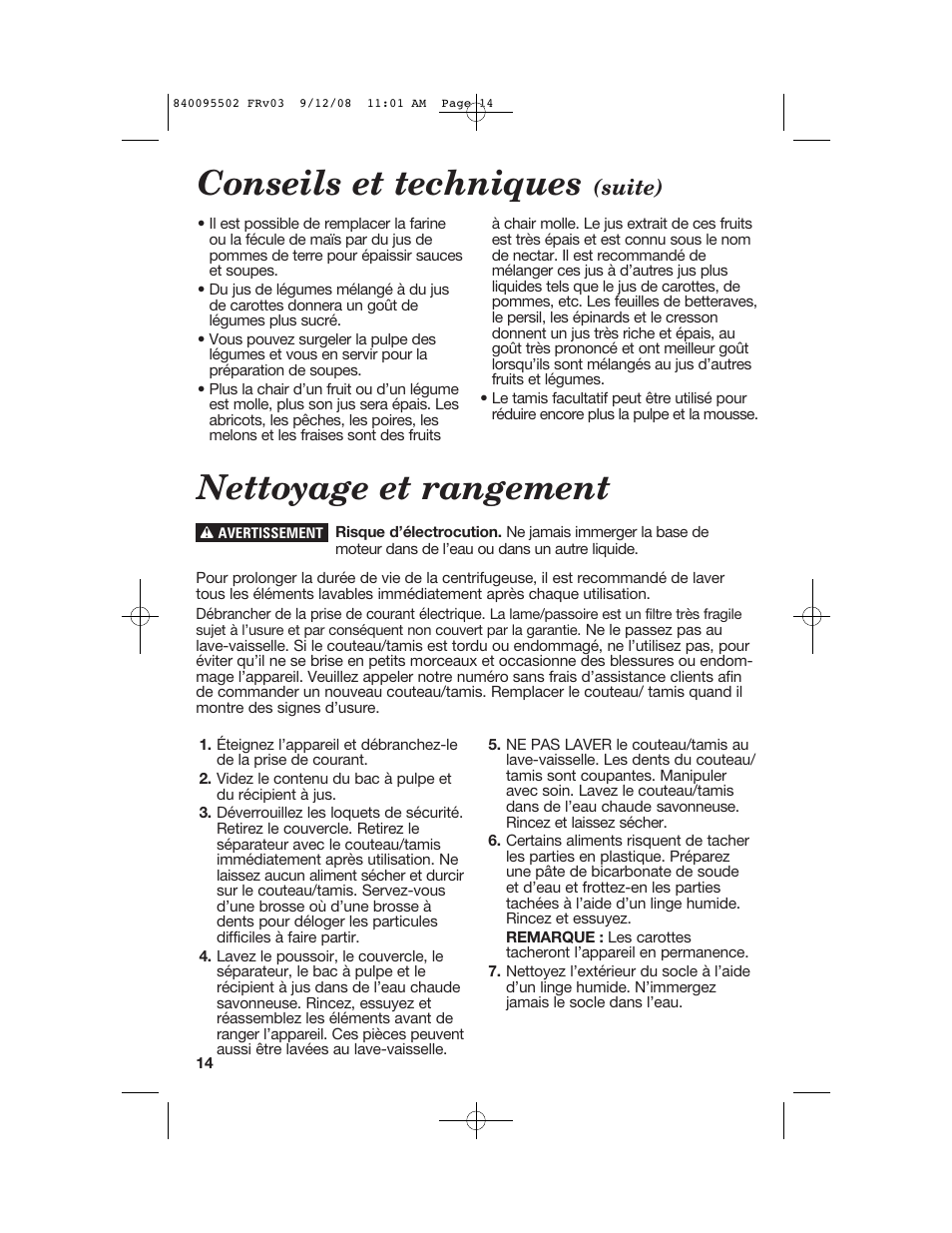 Nettoyage et rangement, Conseils et techniques, Suite) | Hamilton Beach 67801 User Manual | Page 14 / 28