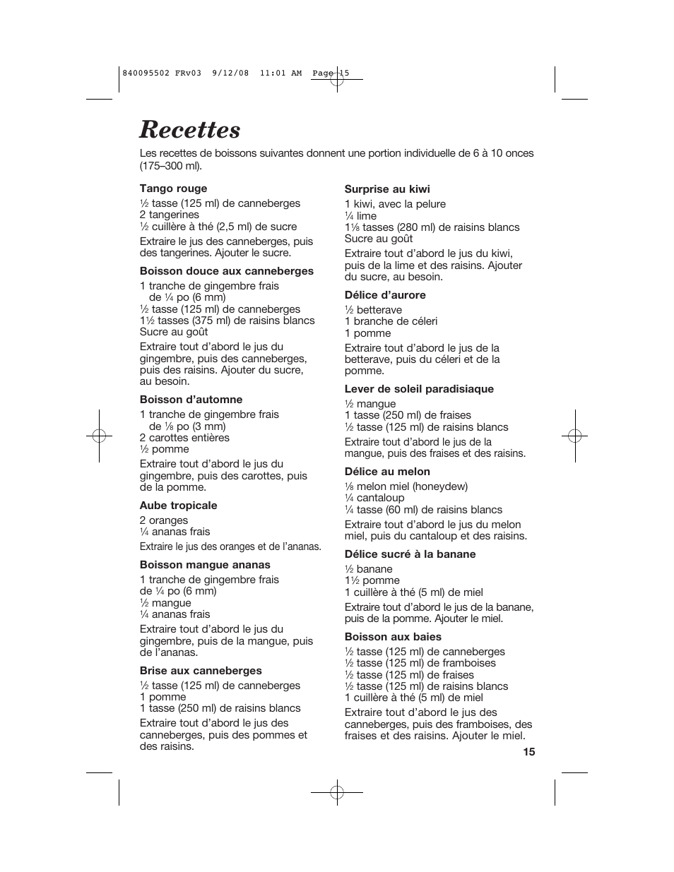 Recettes | Hamilton Beach 67801 User Manual | Page 15 / 28