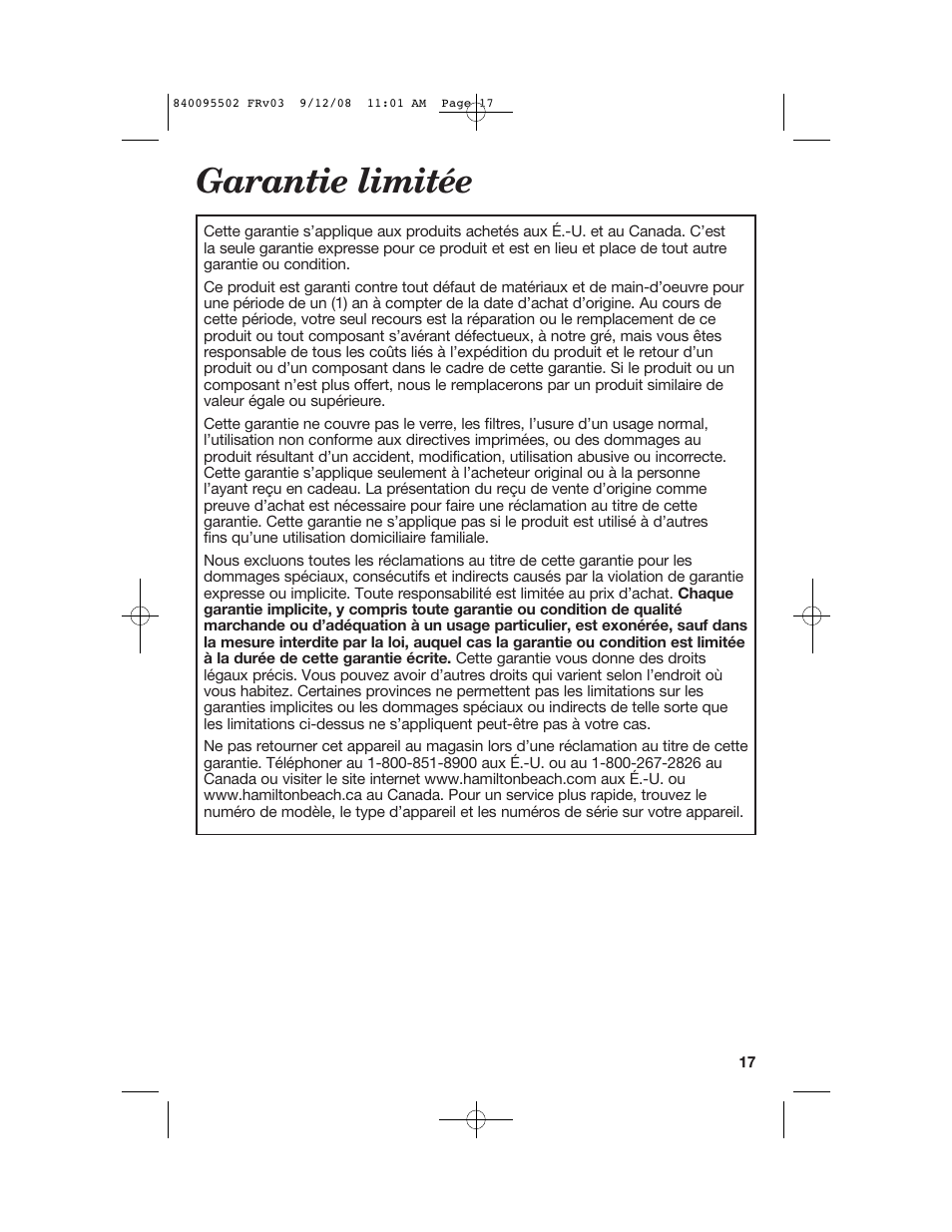 Garantie limitée | Hamilton Beach 67801 User Manual | Page 17 / 28