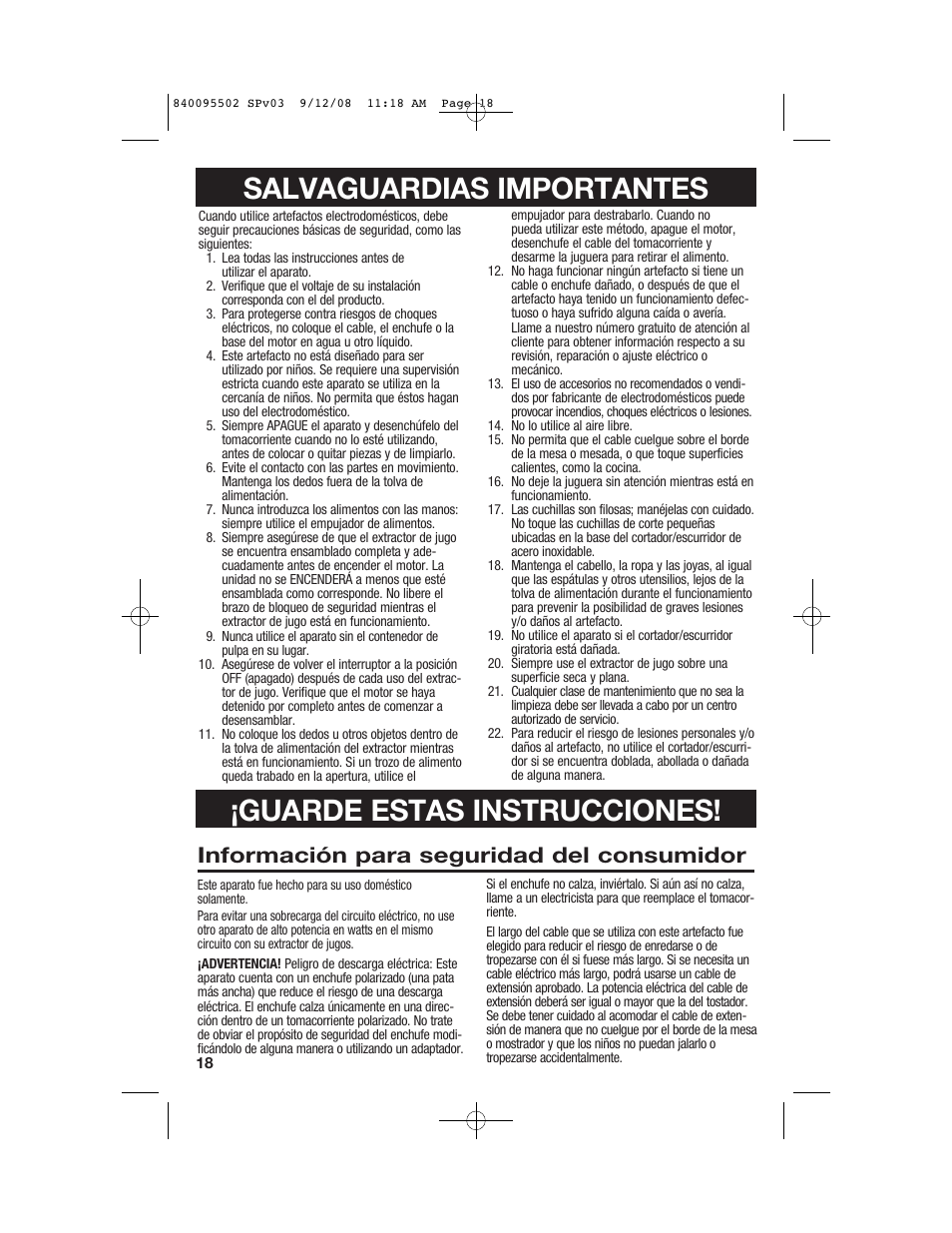 Información para seguridad del consumidor | Hamilton Beach 67801 User Manual | Page 18 / 28