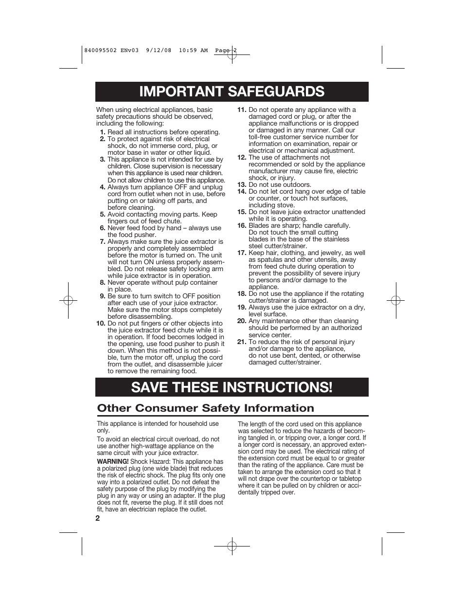 Important safeguards save these instructions, Other consumer safety information | Hamilton Beach 67801 User Manual | Page 2 / 28