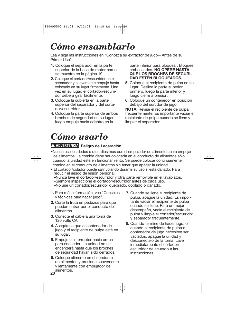 Cómo ensamblarlo, Cómo usarlo | Hamilton Beach 67801 User Manual | Page 20 / 28