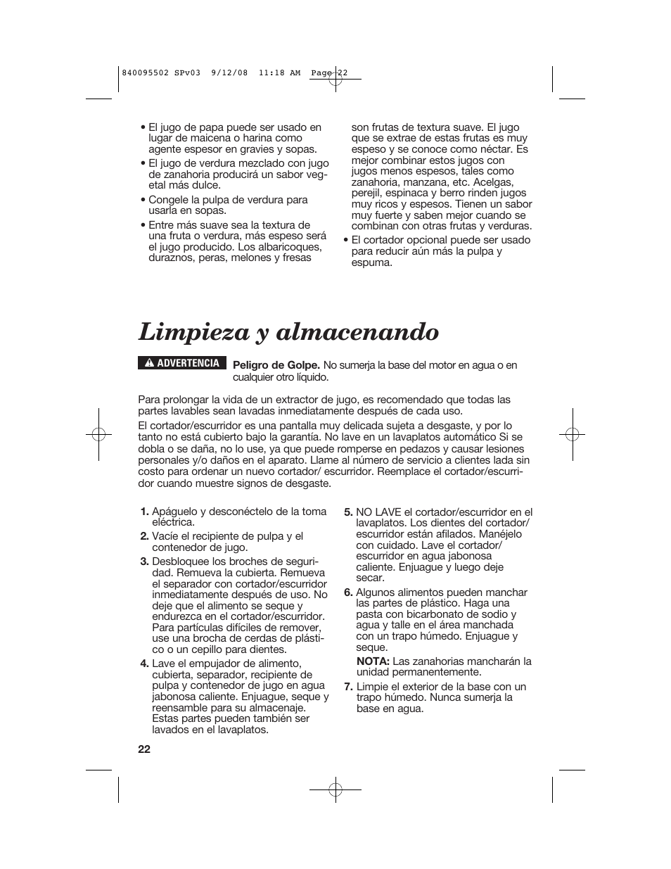 Limpieza y almacenando | Hamilton Beach 67801 User Manual | Page 22 / 28