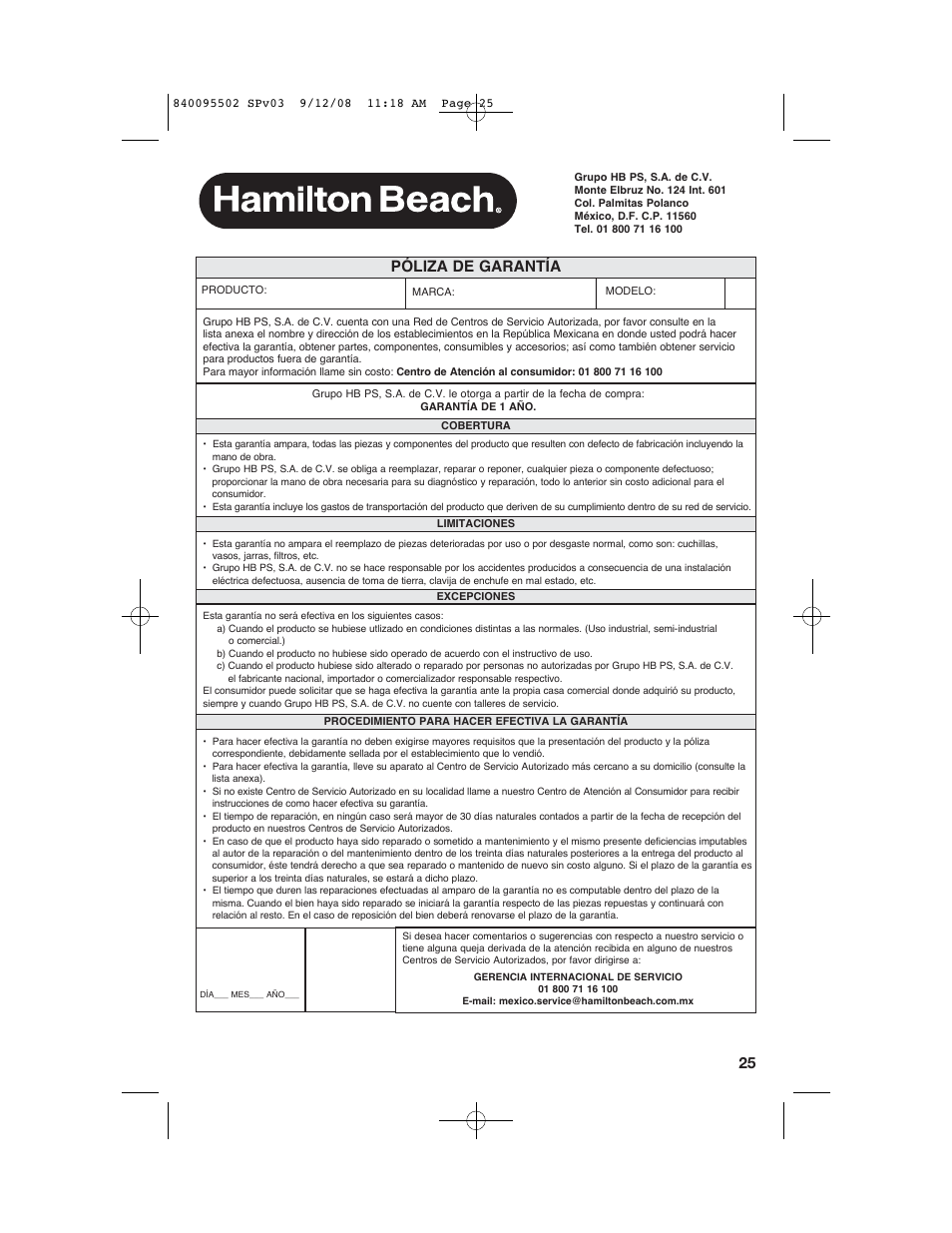 Póliza de garantía | Hamilton Beach 67801 User Manual | Page 25 / 28