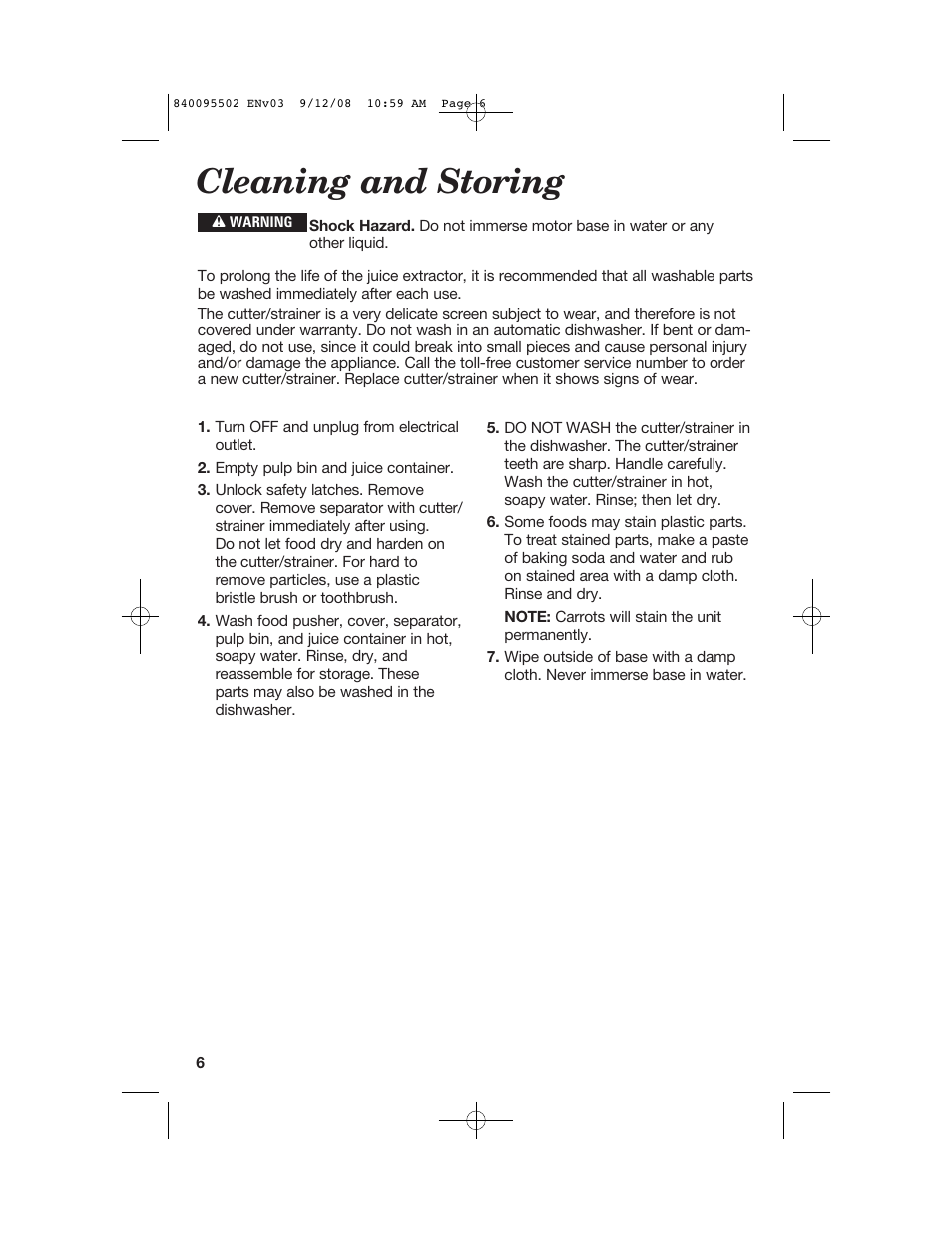 Cleaning and storing | Hamilton Beach 67801 User Manual | Page 6 / 28