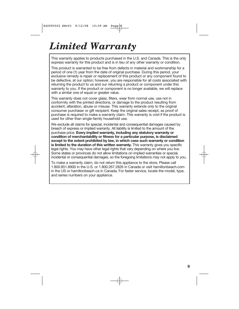 Limited warranty | Hamilton Beach 67801 User Manual | Page 9 / 28