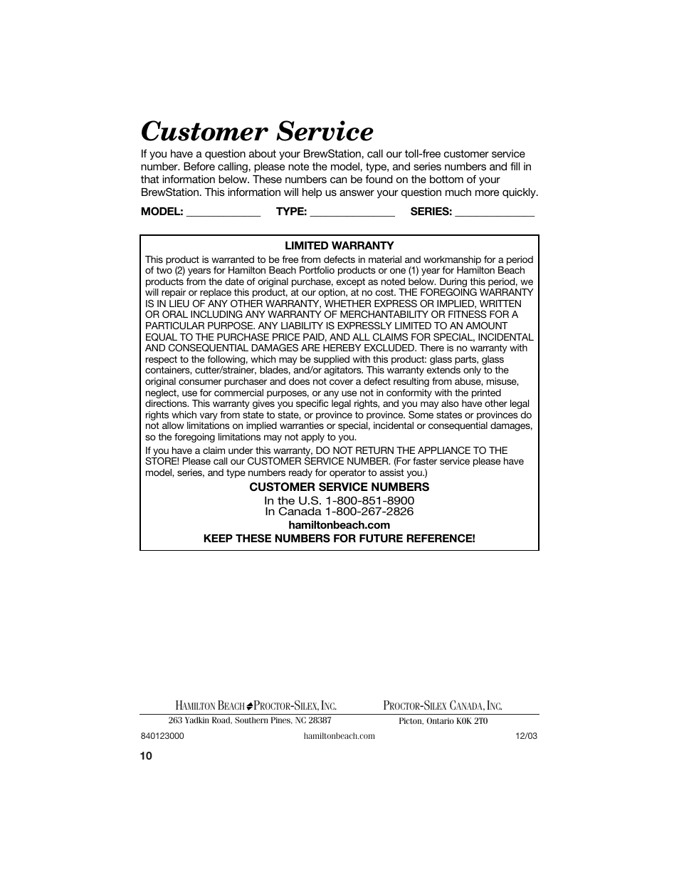 Customer service | Hamilton Beach BrewStation User Manual | Page 10 / 10