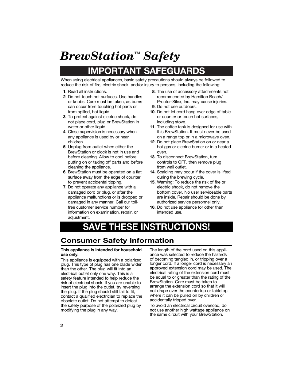 Brewstation, Safety, Important safeguards save these instructions | Consumer safety information | Hamilton Beach BrewStation User Manual | Page 2 / 10