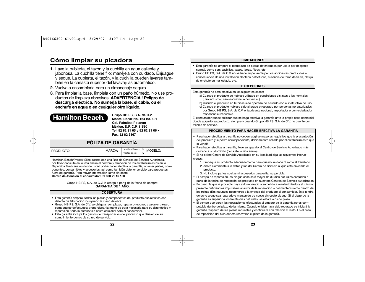Cómo limpiar su picadora, Póliza de garantía | Hamilton Beach 840166300 User Manual | Page 12 / 13