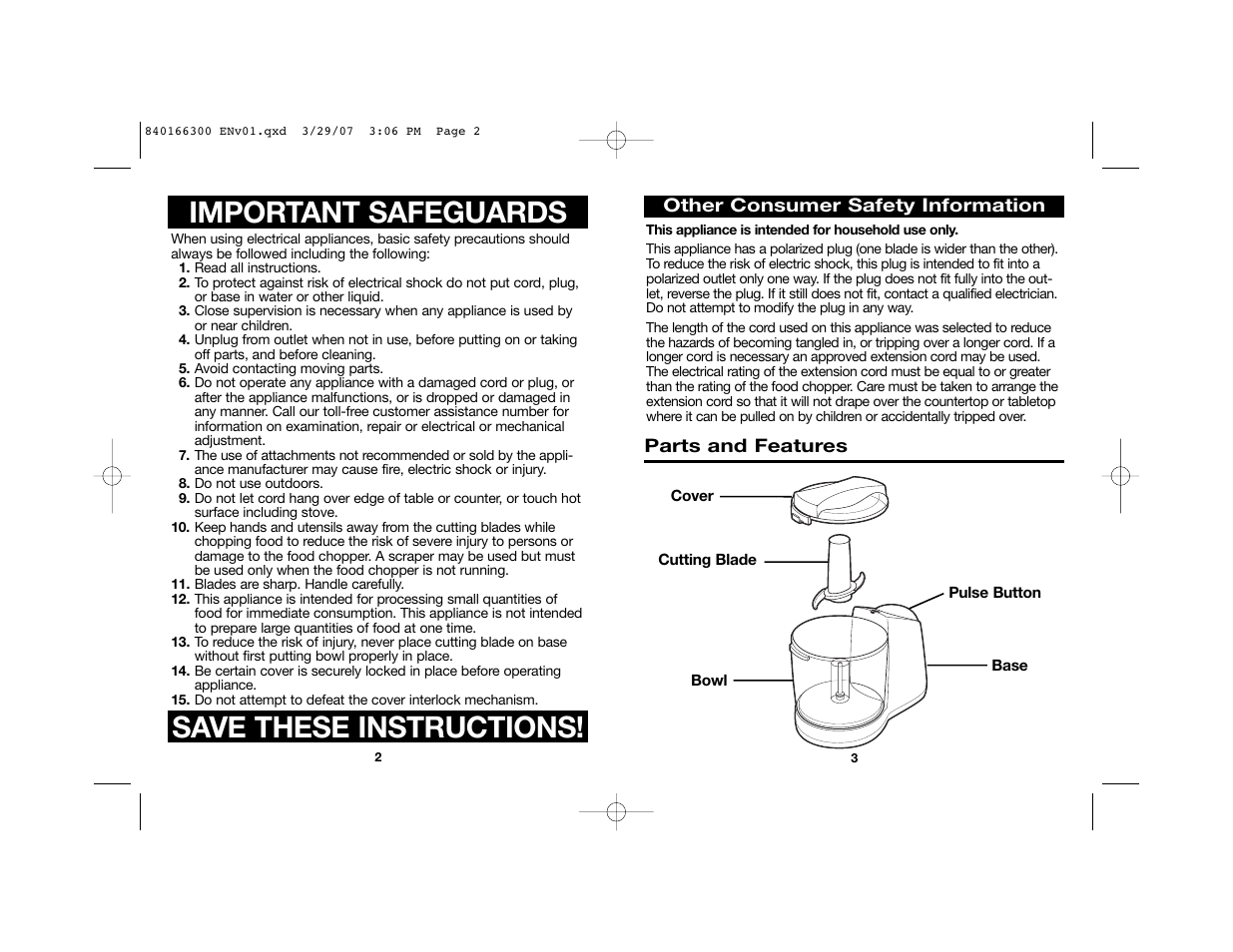 Save these instructions, Important safeguards | Hamilton Beach 840166300 User Manual | Page 2 / 13