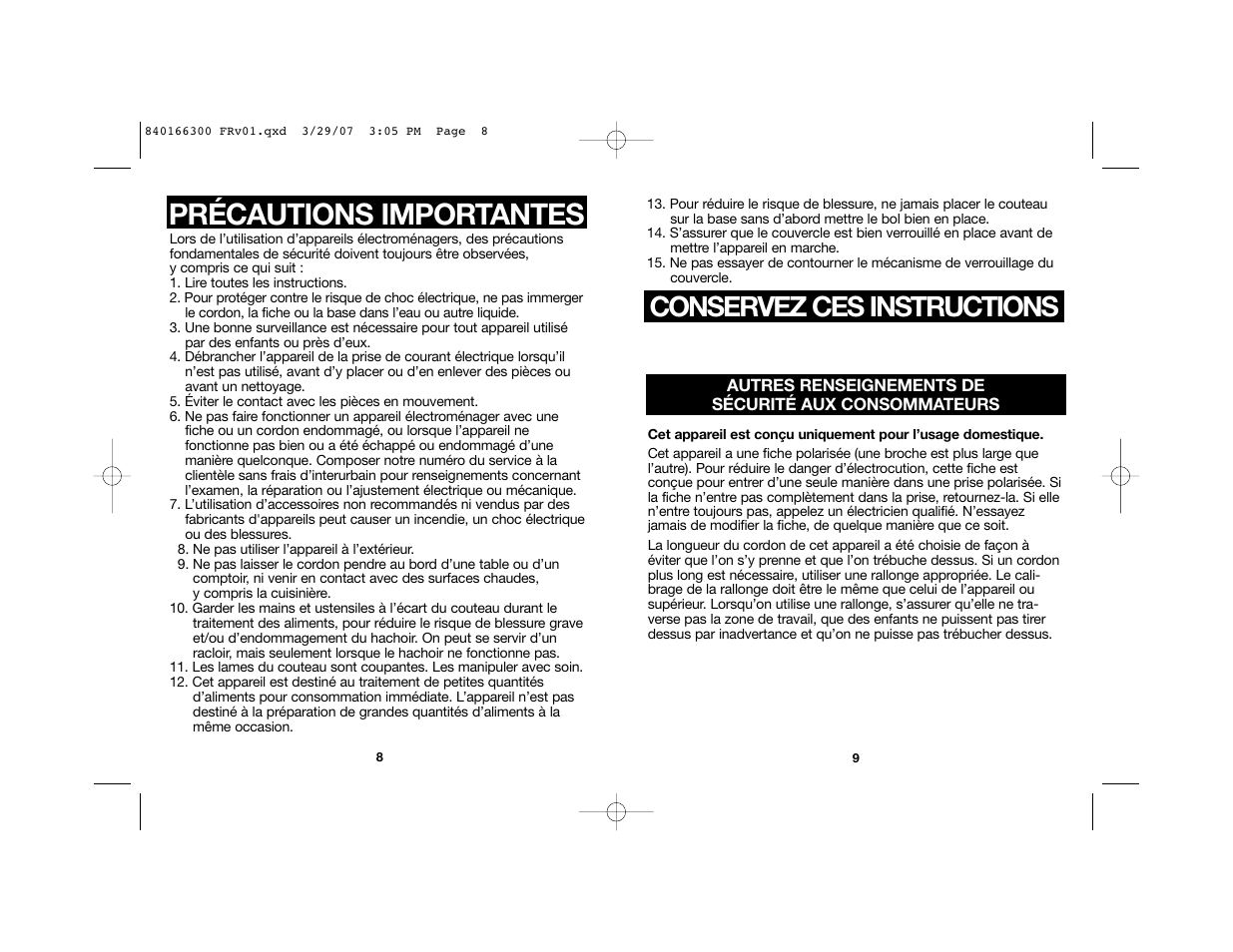 Précautions importantes, Conservez ces instructions | Hamilton Beach 840166300 User Manual | Page 5 / 13