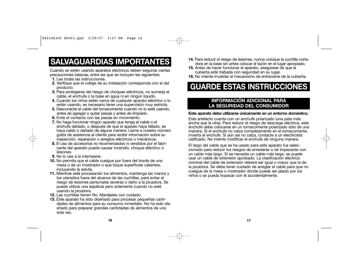 Guarde estas instrucciones, Salvaguardias importantes | Hamilton Beach 840166300 User Manual | Page 9 / 13