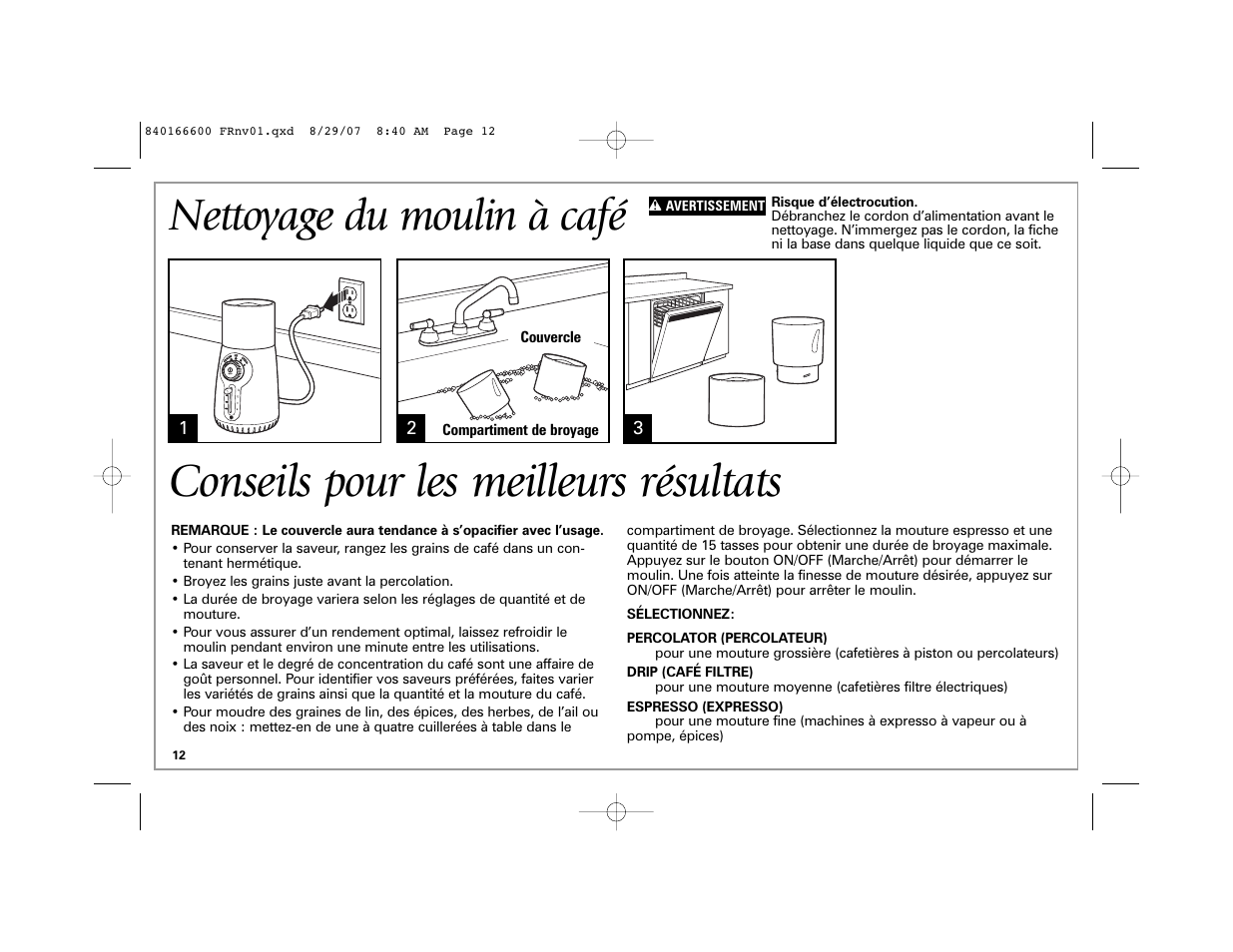 Conseils pour les meilleurs résultats, Nettoyage du moulin à café | Hamilton Beach Custom Grind Deluxe User Manual | Page 12 / 20