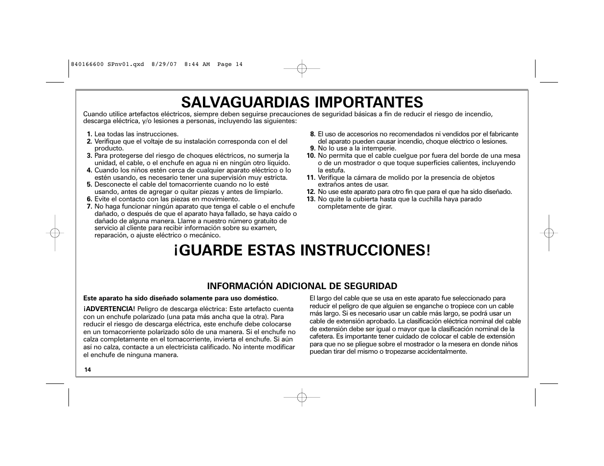 Salvaguardias importantes, Guarde estas instrucciones | Hamilton Beach Custom Grind Deluxe User Manual | Page 14 / 20